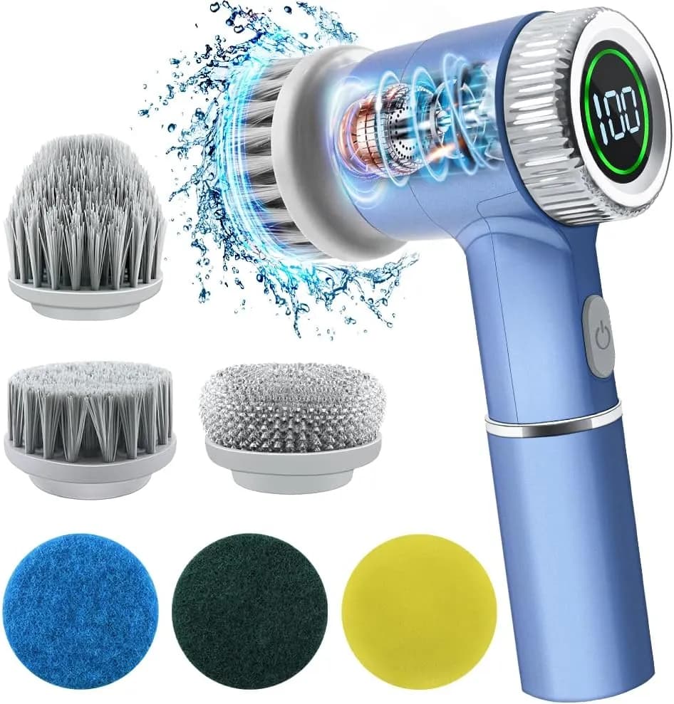 SpinShine Pro cordless electric spin scrubber with its interchangeable heads