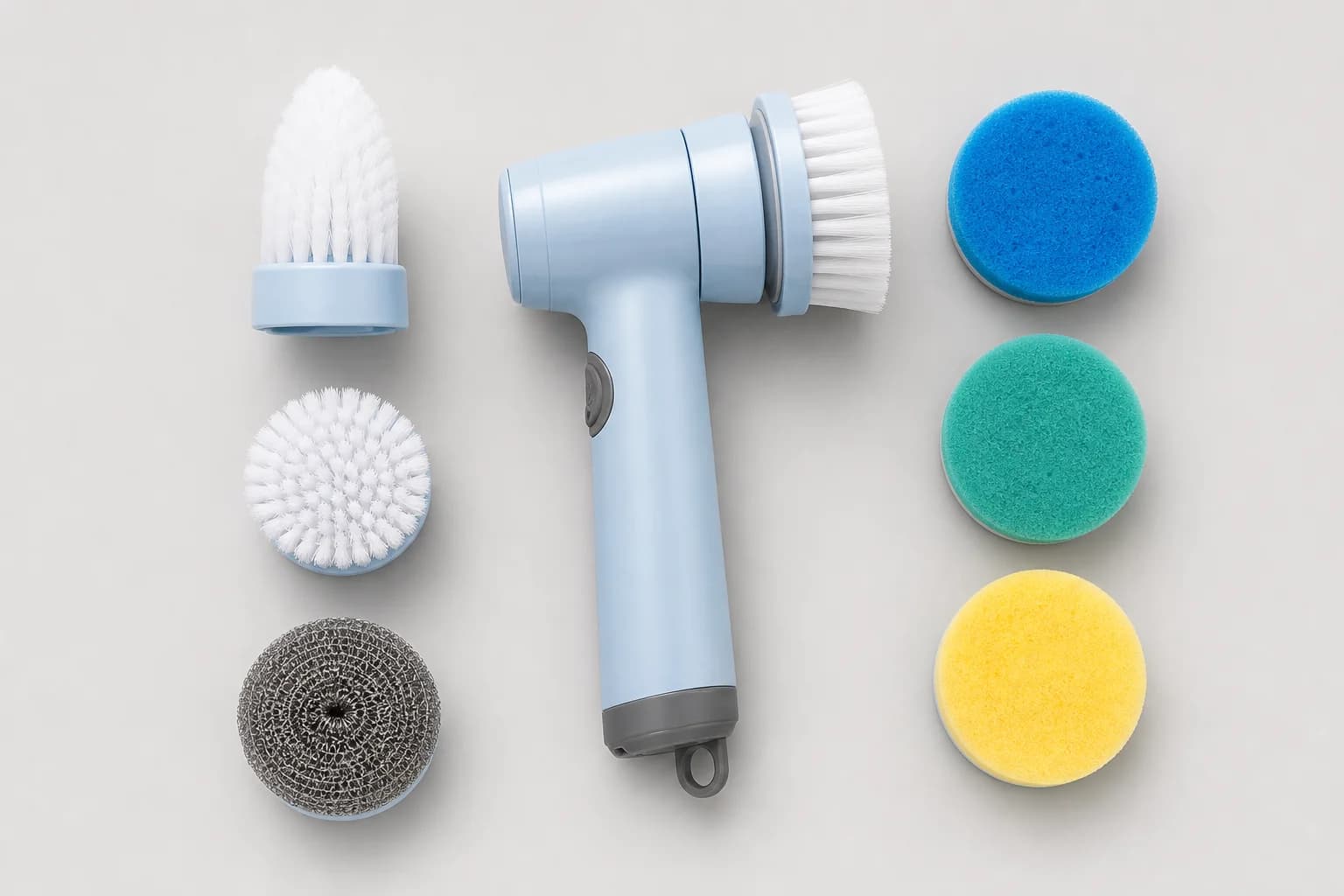 The interchangeable SpinShine brush heads and pads laid out