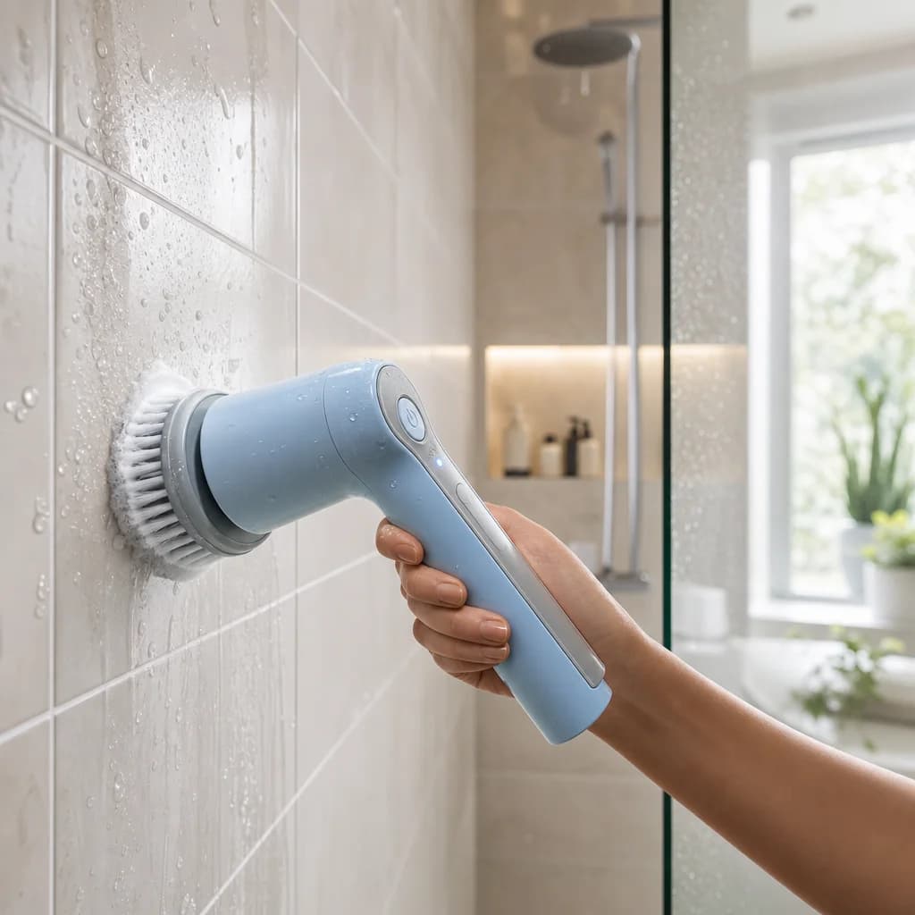 Cleaning shower tile with the SpinShine cordless spin scrubber