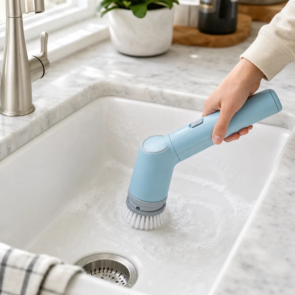 Cleaning a kitchen sink with the SpinShine cordless spin scrubber