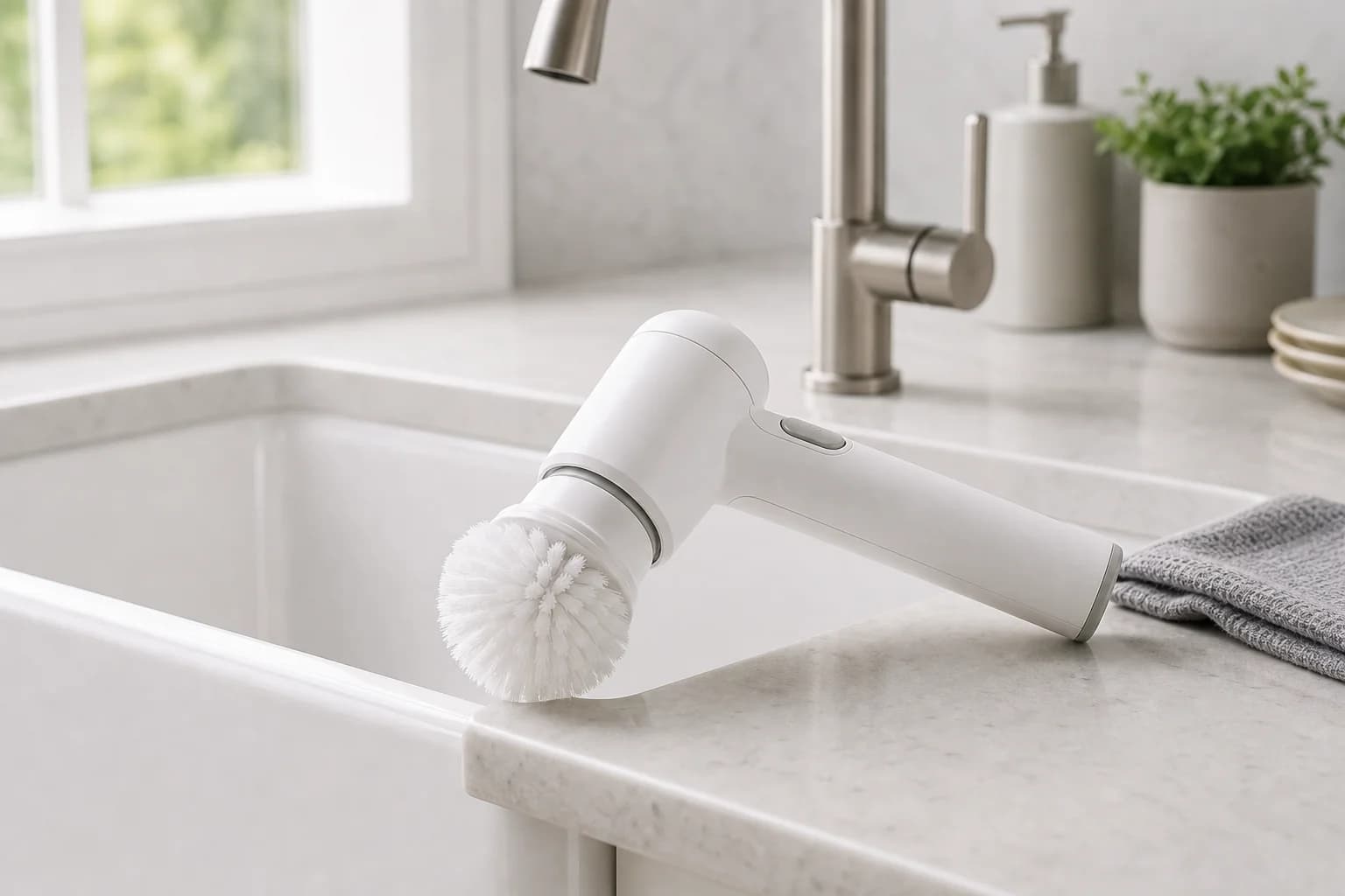 The SpinShine cleaning brush resting on the edge of a bright kitchen sink