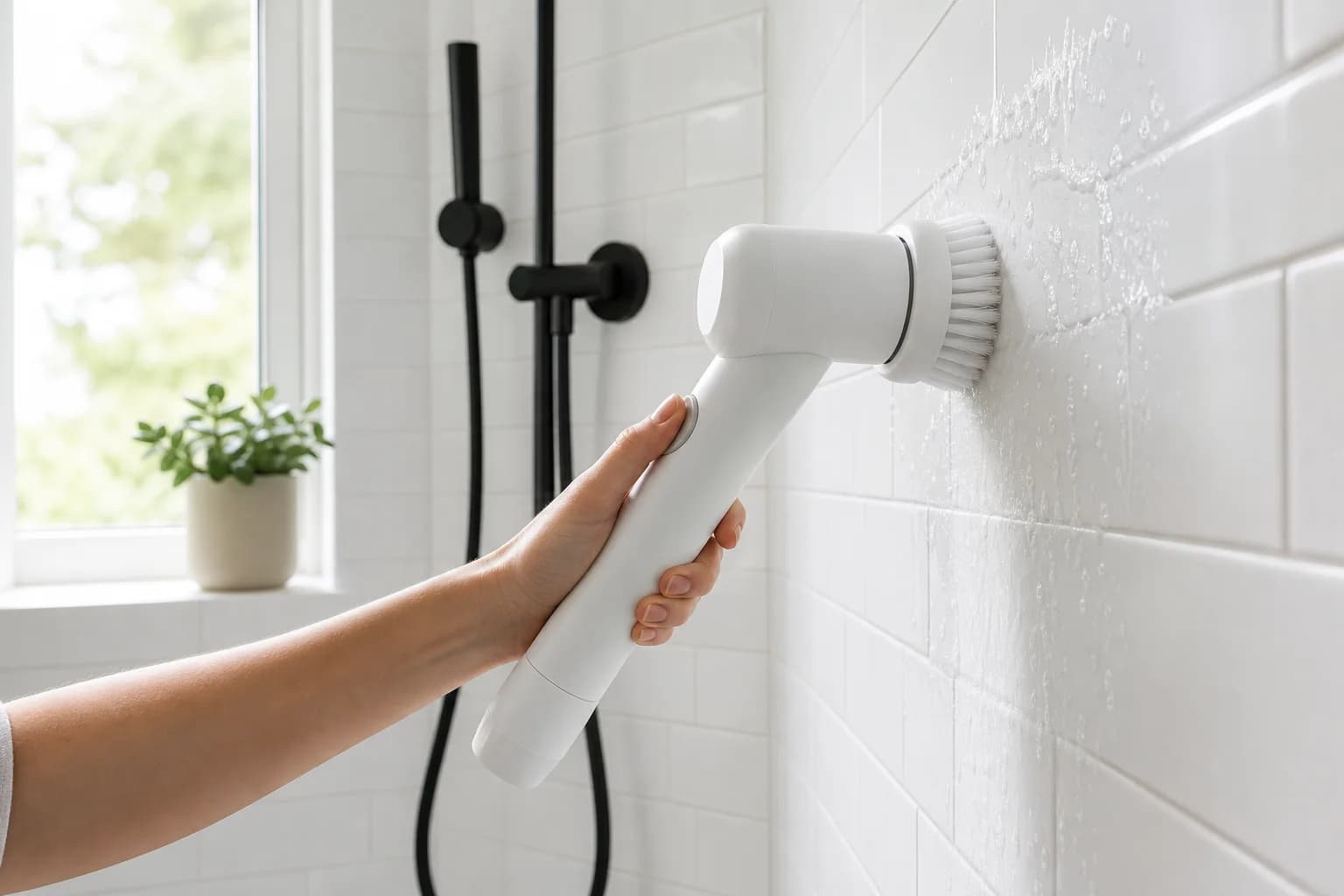 The SpinShine cleaning brush being used on tiled shower walls in a bright bathroom