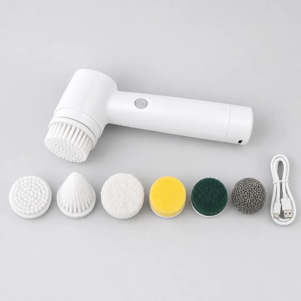 The SpinShine cleaning brush shown with all six interchangeable attachment heads and its USB-C charging cable
